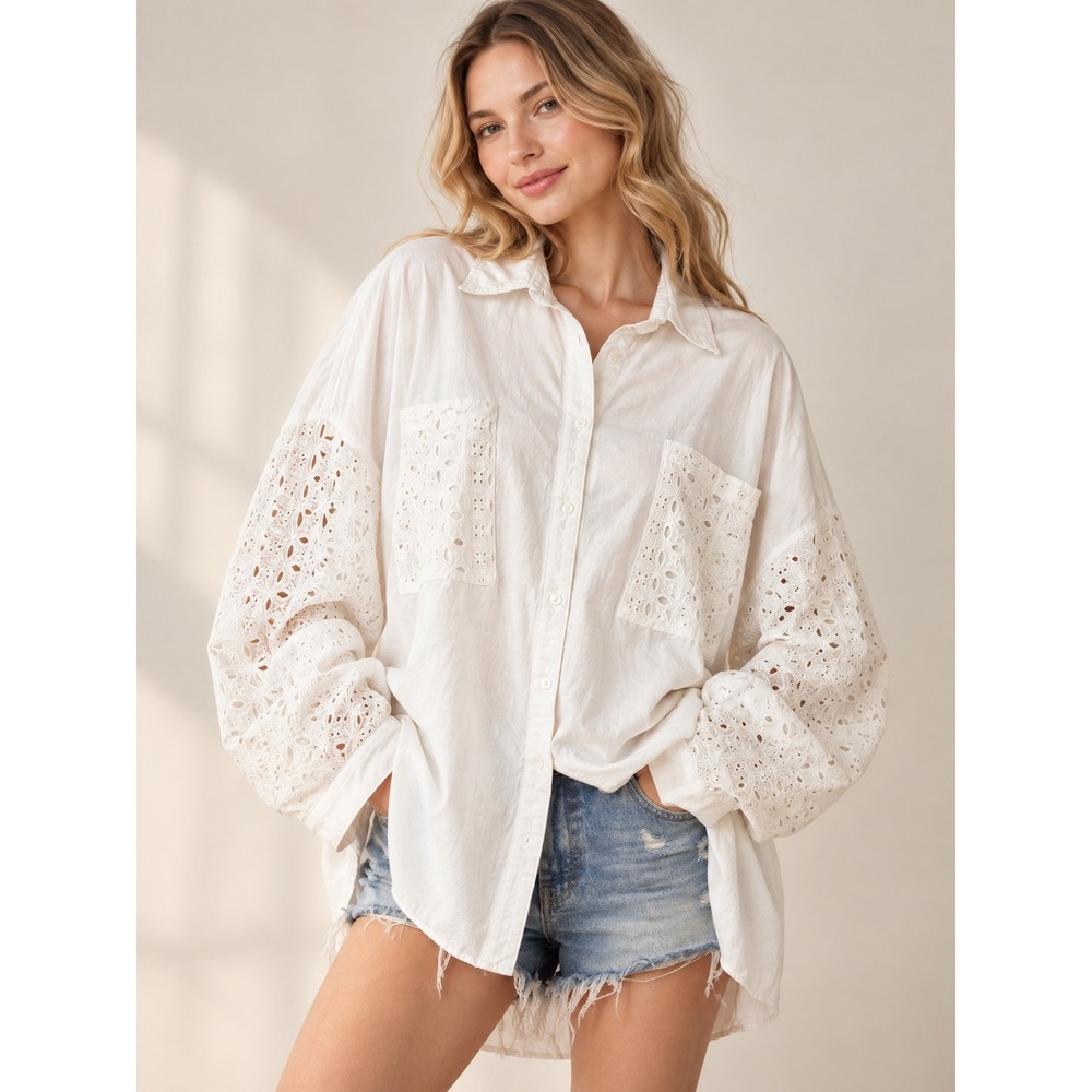 Oli & Hali Button Down Women M White Eyelet Lace Oversized Shirt Boho Festival